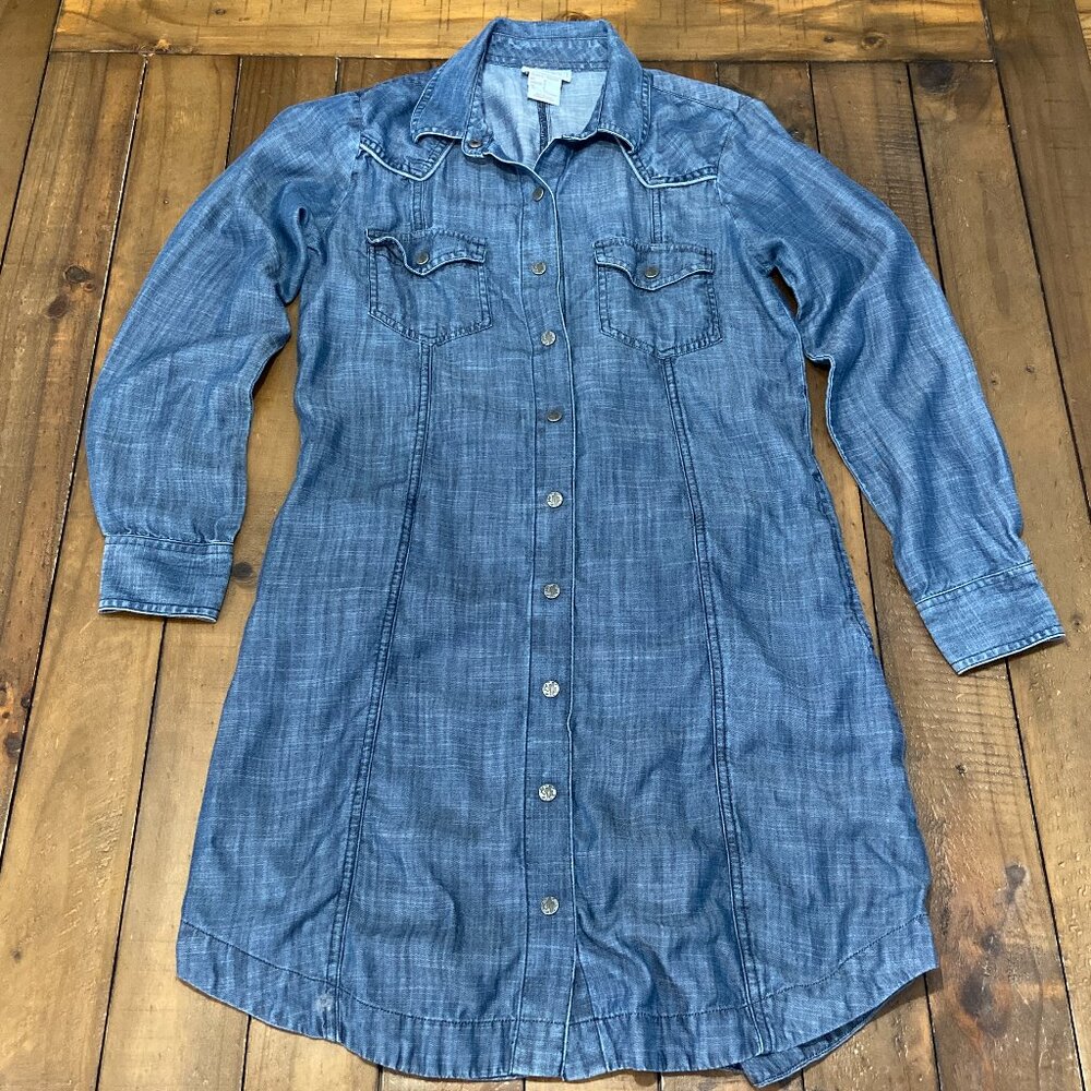 Ariat Denim Chambray Shirt Dress Womens Small Pockets Western Country above knee - Picture 2 of 10